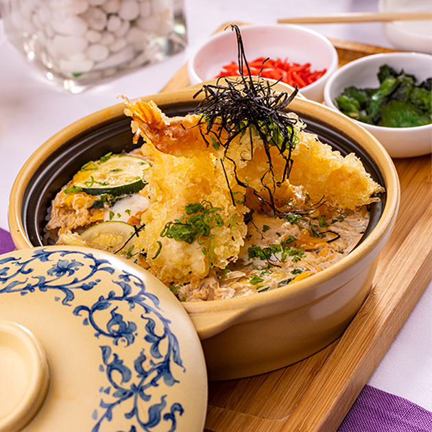 Umami Rich Rice Bowl with Prawn Tempura, Vegetables and Seafood Broth