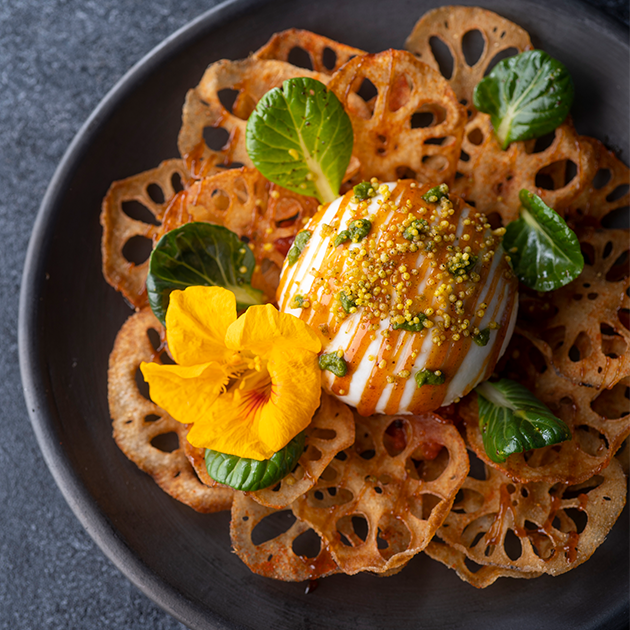 Burrata Chaat, Crispy Lotus and Tomato Chutney