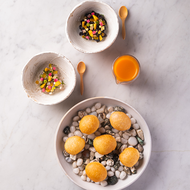 Cured Barramundi, Seabuckthorn, Pani Puri